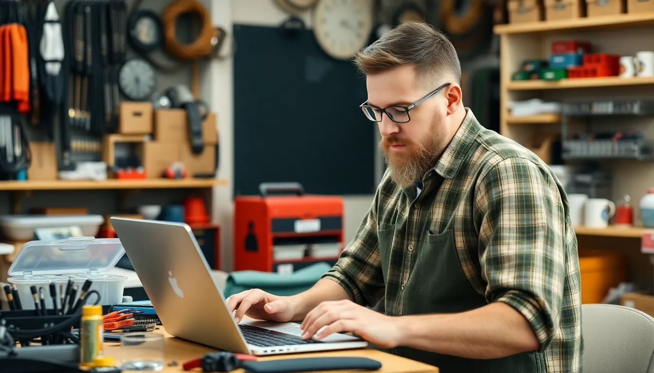person working on laptop in hardware store - can backlinks hurt your site