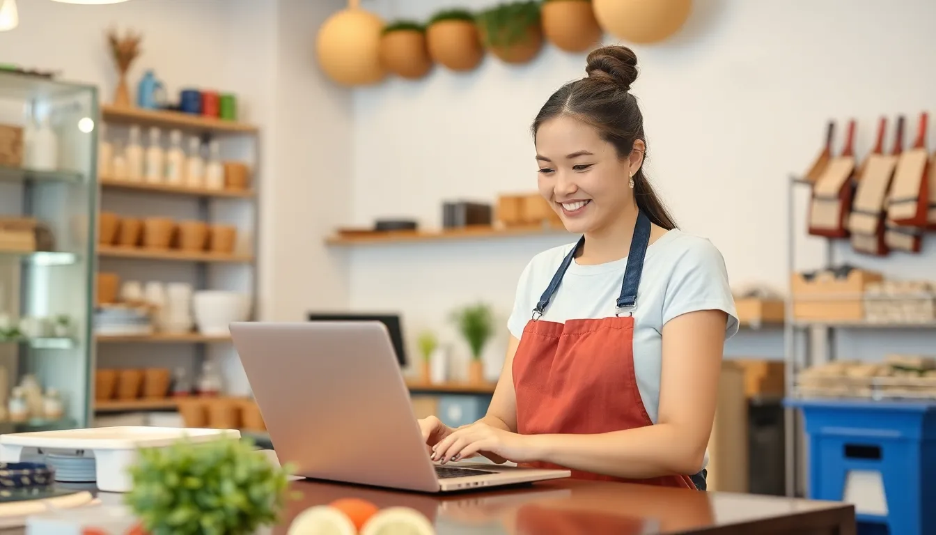 woman in a shop, using laptop - backlinks vs social signals for seo