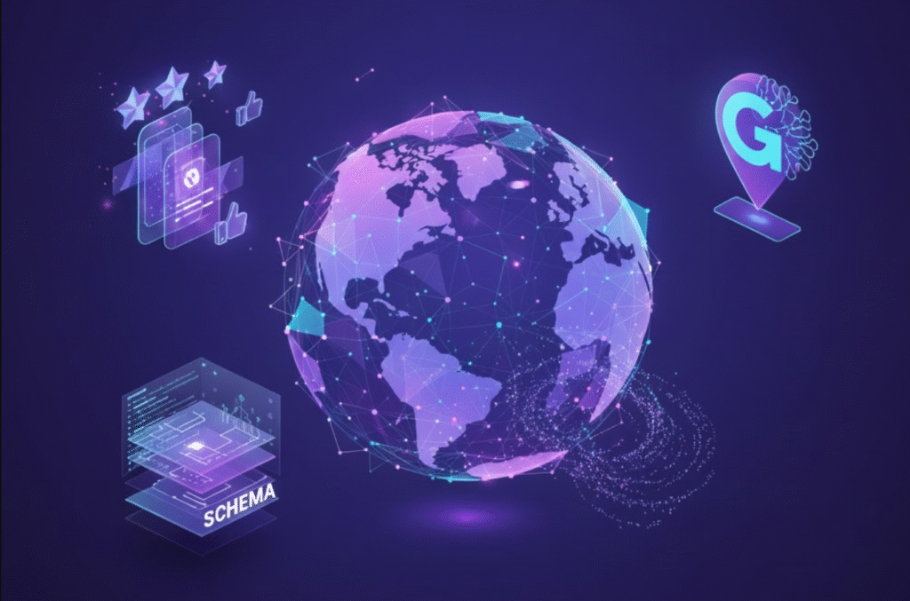 globe surrounded by icons representing schema, reviews, and Google Business Profile, underscoring the value of local SEO updates news