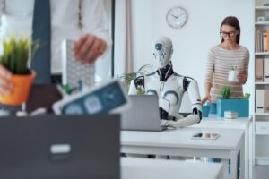 woman and robot in office, representing the importance of AI and automation for SEO growth