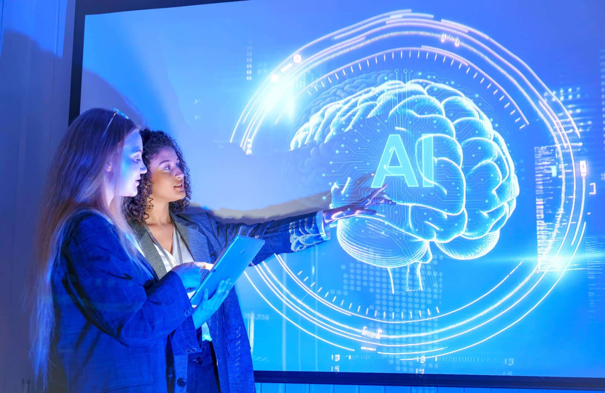 two women looking at a representation of AI