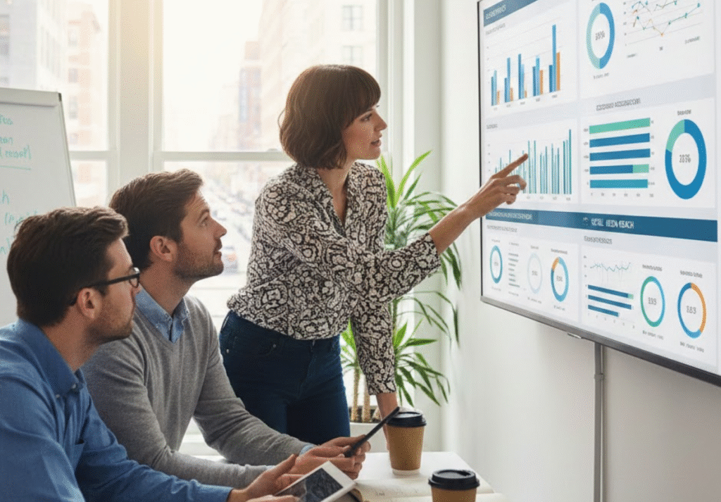 local business owners reviewing analytics dashboards, representing changes in Google search traffic causing the Google search traffic drop 2026